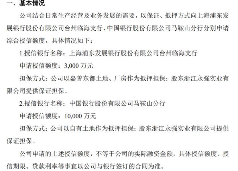 永强节能拟向2家银行合计申请综合授信额度13亿公司以自有土地、厂房作为抵押担保